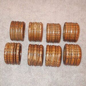 Vtg Carved Wood Napkin Rings 8 Piece Grooved Ribbed Fancy Holders Boho 70s MCM